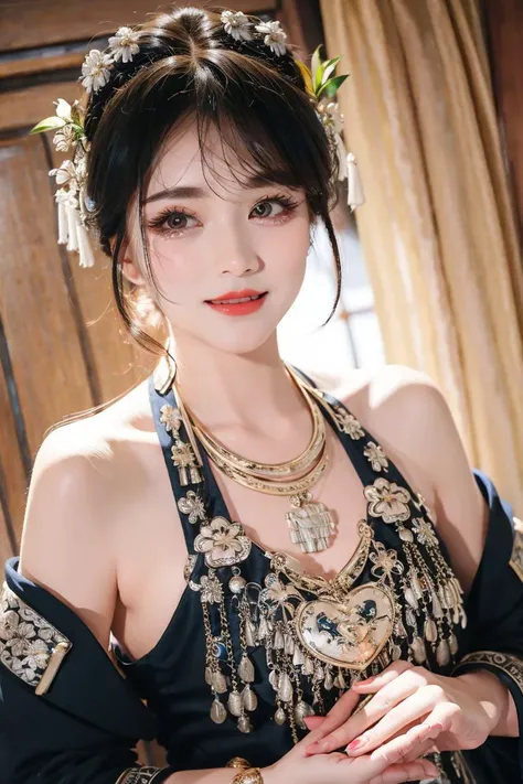 (masterpiece:1.0),(best quality:1.0),(ultra highres:1.0),(8k resolution:1.0),(ultra realistic:1.0),(ultra details:1.0),(sharp focus:1.0),(RAW photo:1.0),dynamic angle,(film grain:1.2),professional lighting,photon mapping,radiosity,physically-based rendering,
1girl,(dynamic pose:1.0),detailed beautiflul skin,smile,solo,(Kpop idol:1.1),absurdres,[:(detailed beautiflul face:1.2):0.1],makeup,PureErosFace_v1,(parted lips:1.1),red lipstick,tall figure,golden proportions,wide shoulders,(medium breasts:1.1),(cleavage:1.1),detailed skin-texture,thigh gap,detailed hair,random hair style,finely detailed beautiful eyes,shint black eyes,(aegyo sal,puffy eyes,eyelashes:1.0),glistening skin,portrait photo,
<lora:HmongCostume_vBlack:0.8>,futuristic,studio,simple background,looking at viewer,(upper body:1.3),
<lora:Coser_TuNiang_v2:0.6>,<lora:ShojoVibe_v11:0.3>,