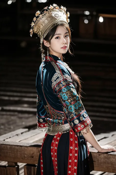 best quality, ultra high res, official wallpaper, (photorealistic:1.4), (1girls), (18 year old girl), slender, highly detail face, beautiful eyes, (smile:0.6), looking at viewer,<lora:HmongCostume_HmongCyan:0.65>,arm around back,looking back, 
<lora:no105Girl_sdNo105000014:0.4>,<lora:hankizOmar_v10:0.3>,
extremely detailed CG unity 8k wallpaper, light on face, cinematic lighting, Traditional headwear, <lora:epiNoiseoffset_v2Pynoise:2>