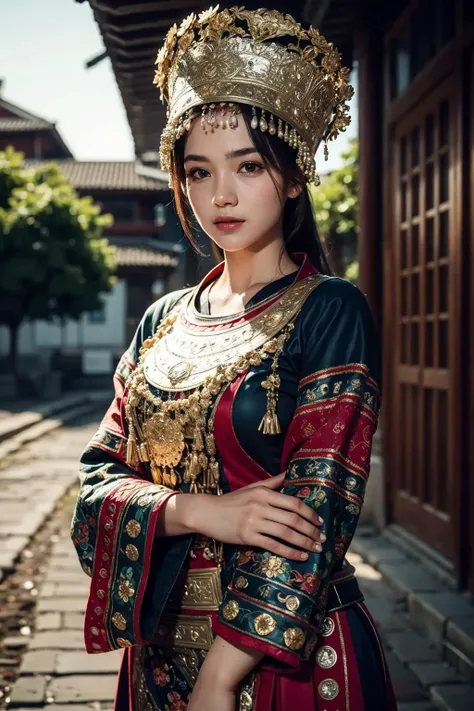 best quality, ultra high res, official wallpaper, (photorealistic:1.4), (1girls), (18 year old girl), slender, highly detail face, beautiful eyes, (smile:0.6), looking at viewer,<lora:HmongCostume_HmongCyan:0.45>, (after rain,outdoors, damp) <lora:no105Girl_sdNo105000014:0.4>,<lora:hankizOmar_v10:0.3>, extremely detailed CG unity 8k wallpaper, light on face, cinematic lighting, Traditional headwear, <lora:epiNoiseoffset_v2Pynoise:2>, full body,beautiful detailed girl, see breasts, masterpiece,ultra realistic,32k,extremely detailed CG unity 8k wallpaper, best quality