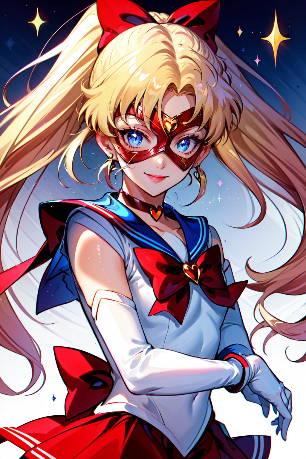 Hero Masks Style, domino mask, 1girl, blonde hair, blue eyes, blue sailor collar, bow, choker, elbow gloves, gloves, hair bow, half updo, long hair, magical girl, red bow, sailor collar, sailor senshi uniform, shoulder pads, smile, solo, upper body, white gloves, <lora:HeroMasks:0.8>