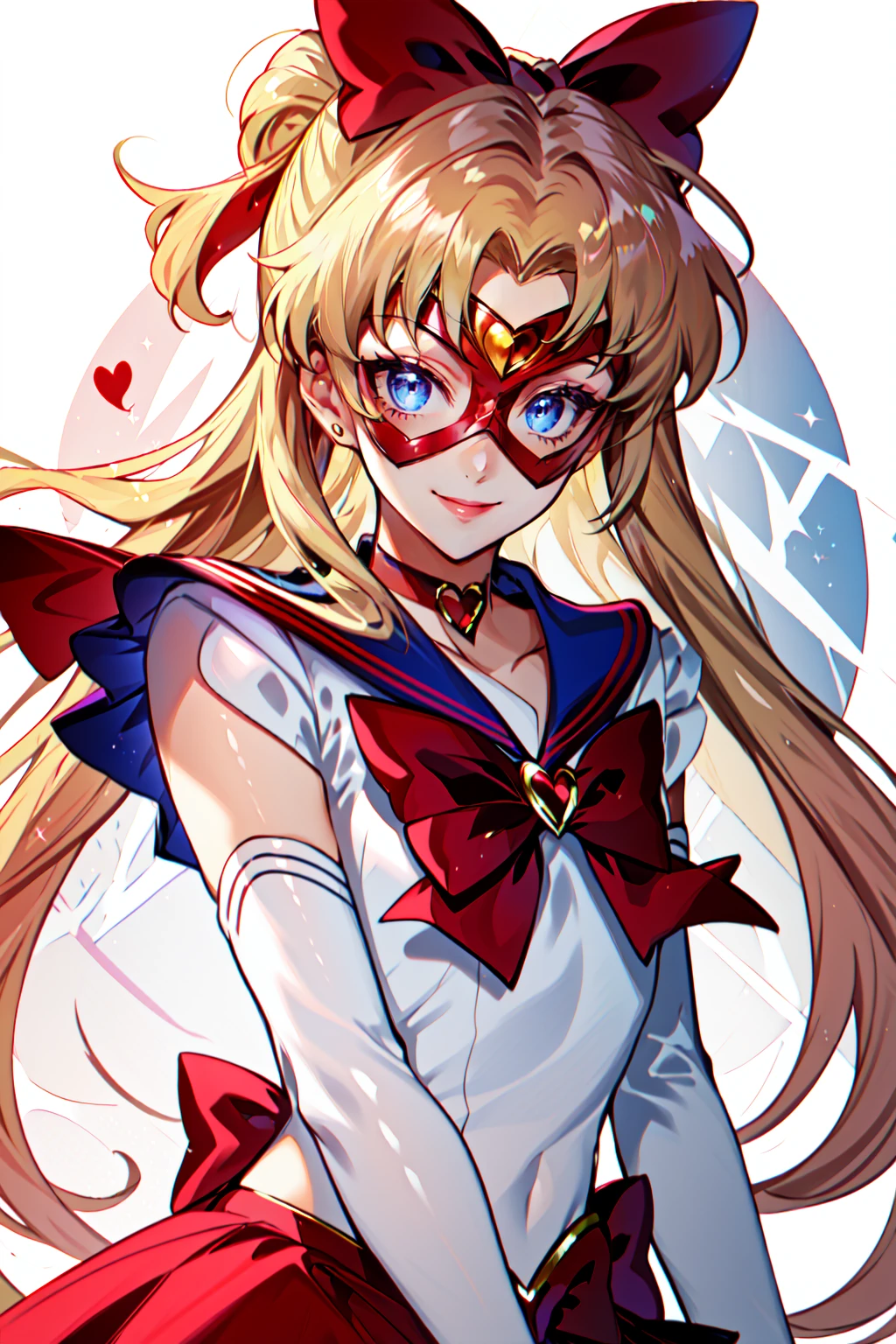 Hero Masks Style, domino mask, 1girl, blonde hair, blue eyes, blue sailor collar, bow, choker, elbow gloves, gloves, hair bow, half updo, long hair, magical girl, red bow, sailor collar, sailor senshi uniform, shoulder pads, smile, solo, upper body, white gloves, <lora:HeroMasks:0.8>