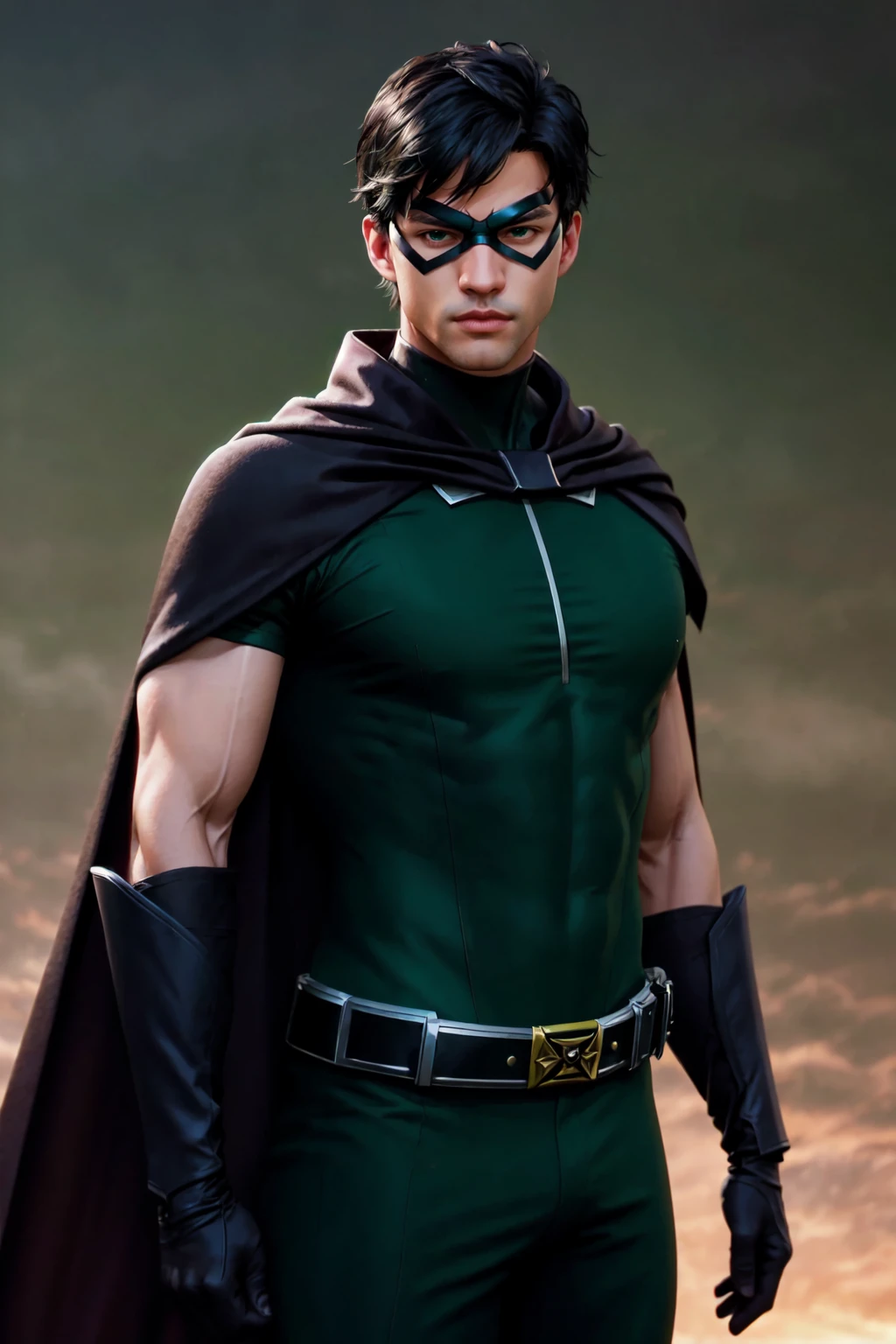 Hero Masks Style, domino mask, 1boy, belt, black hair, bodysuit, cape, closed mouth, gloves, green gloves, looking at viewer, male focus, muscular, realistic, short hair, solo, superhero <lora:HeroMasks:0.8>
