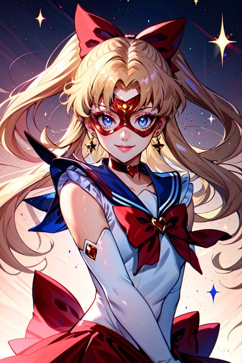 Hero Masks Style, domino mask, 1girl, blonde hair, blue eyes, blue sailor collar, bow, choker, elbow gloves, gloves, hair bow, half updo, long hair, magical girl, red bow, sailor collar, sailor senshi uniform, shoulder pads, smile, solo, upper body, white gloves, <lora:HeroMasks:0.8>