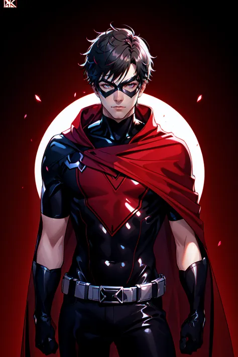 Hero Masks Style, domino mask, 1boy, belt, black bodysuit, black gloves, black hair, black pants, black shirt, bodysuit, cape, clenched hands, closed mouth, cowboy shot, gloves, gradient, gradient background, logo, looking at viewer, male focus, pants, red background, red cape, shirt, short hair, short sleeves, solo, superhero, <lora:HeroMasks:0.8>