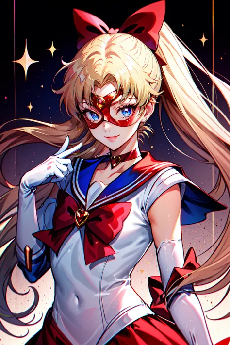 Hero Masks Style, domino mask, 1girl, blonde hair, blue eyes, blue sailor collar, bow, choker, elbow gloves, gloves, hair bow, half updo, long hair, magical girl, red bow, sailor collar, sailor senshi uniform, shoulder pads, smile, solo, upper body, white gloves, <lora:HeroMasks:0.8>