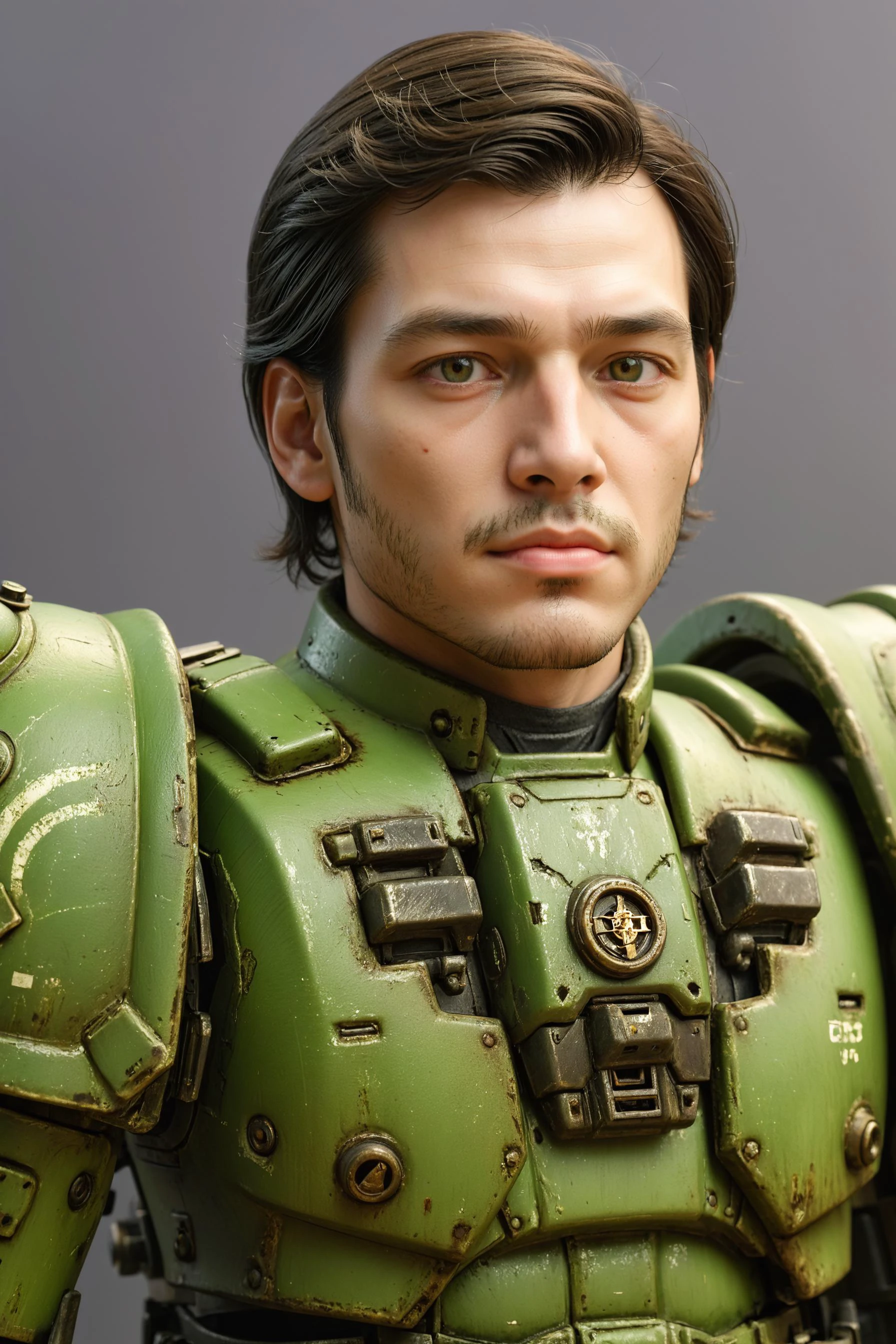 masterpiece, (realistic:1), (photorealistic:1), intricate detail, highly detailed, great textures, 8k, high detail, zaku\(ttp\), <lora:Zaku_SDXL_v1_2_loha-000028:0.6>, zaku, from front, one man, face to the viewer, handsome face, upper body, one man dress in a green armor