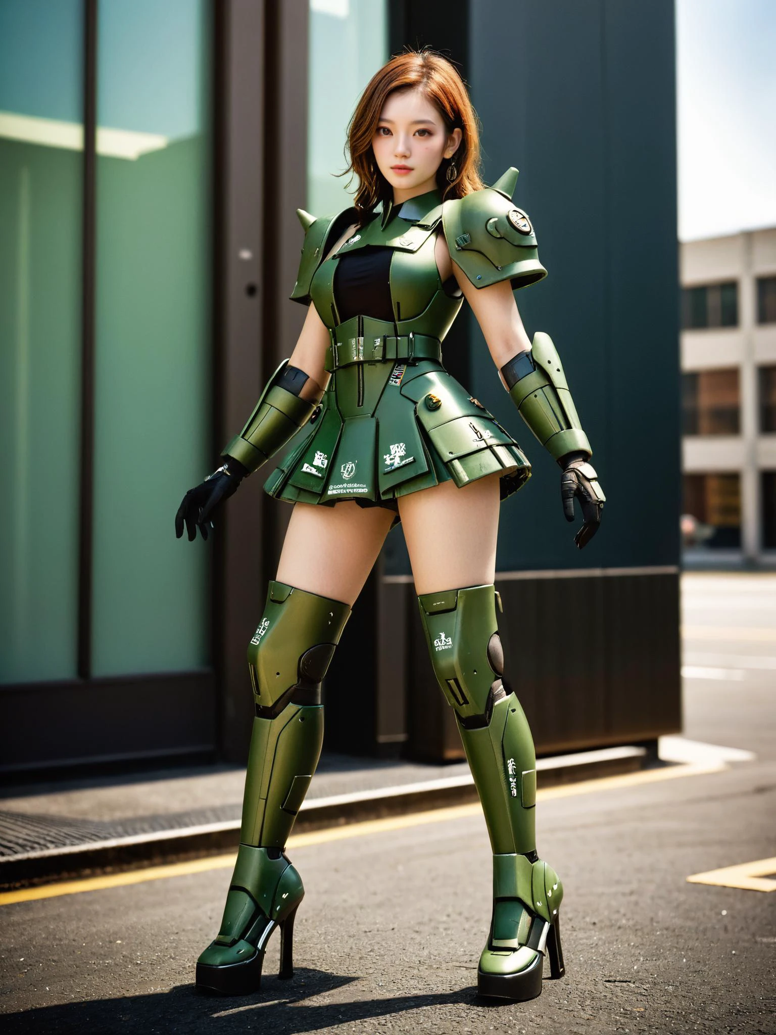 masterpiece, (realistic:3), (photorealistic:3), intricate detail, highly detailed, great textures, 8k, high detail, zaku\(ttp\), <lora:Zaku_SDXL_v1_2_loha-000028:0.6>, zaku, one girl dress in dark green robot armor, high heels, frilled thighhighs, skirt, mobile suit, full body, dating, from front, outdoors, skirt, (RAW photo, best quality, masterpiece:1.2), ultra high res, (photorealistic:1.4),