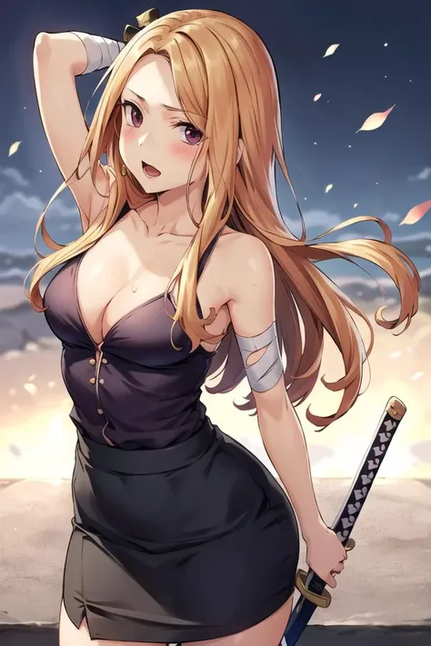ultra high res,masterpiece,best quality1girl,arm behind head,arm up,armpits,bamboo,bandages,bare shoulders,black shirt,black skirt,borrowed character,braid,breasts,budget sarashi,cleavage,collarbone,eyes visible through hair,japanese clothes,katana,long skirt,looking at viewer,medium breasts,medium hair,open mouth,sarashi,sheath,sheathed,shirt,skirt,solo,standing,sword,weapon,<lora:sophieSilentWarMy_v10:0.55>