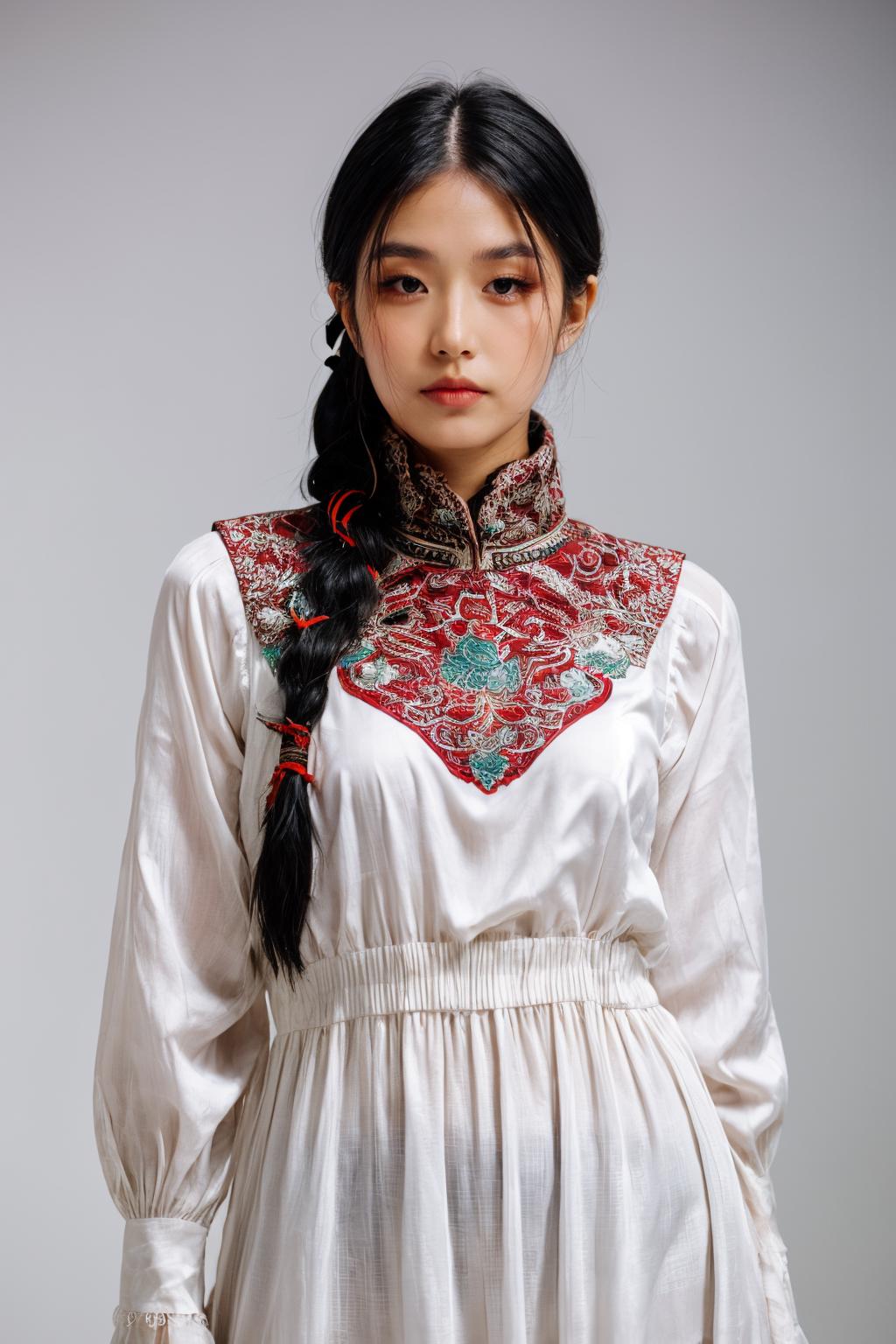A woman in a white dress with a red and green embroidered neck - SeaArt AI