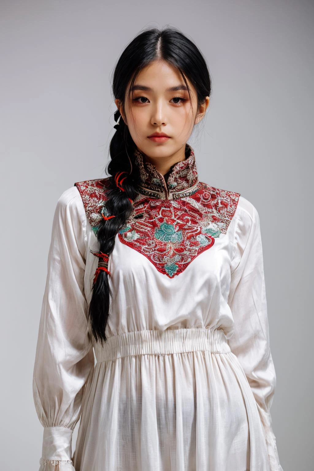 girl02, photographed on a Nikon Z7 II Mirrorless Camera,120mm F/4 wide-angle
girl02, 1girl, solo, long hair, looking at viewer, black hair, long sleeves, braid
a woman wearing a white dress and a black braid with a blue and red pattern on it's neck, Chen Lu, art nouveau fashion embroidered, a character portrait, aestheticism
a woman wearing a black top and red scarf with a red and white design on it's neck, Chen Jiru, art nouveau fashion embroidered, a silk screen, cloisonnism
best quality, masterpiece, ultra detailed, cowboy shot, flowing, 3dmm, ink sketch, color ink, ink rendering, octane render, pastels, rice paper, 1girl, beautiful detailed eyes, (alternate hairstyle), ultra detailed hair, graceful, (charming), (delicate), pretty, cute, lace dress, character in the center of the frame, rhythm, fantasy, looking at viewer,
<lora:more_details:0.3> <lora:add_detail:0.3> <lora:girl02_SDLife_Chiasedamme_v1.0:0.62>