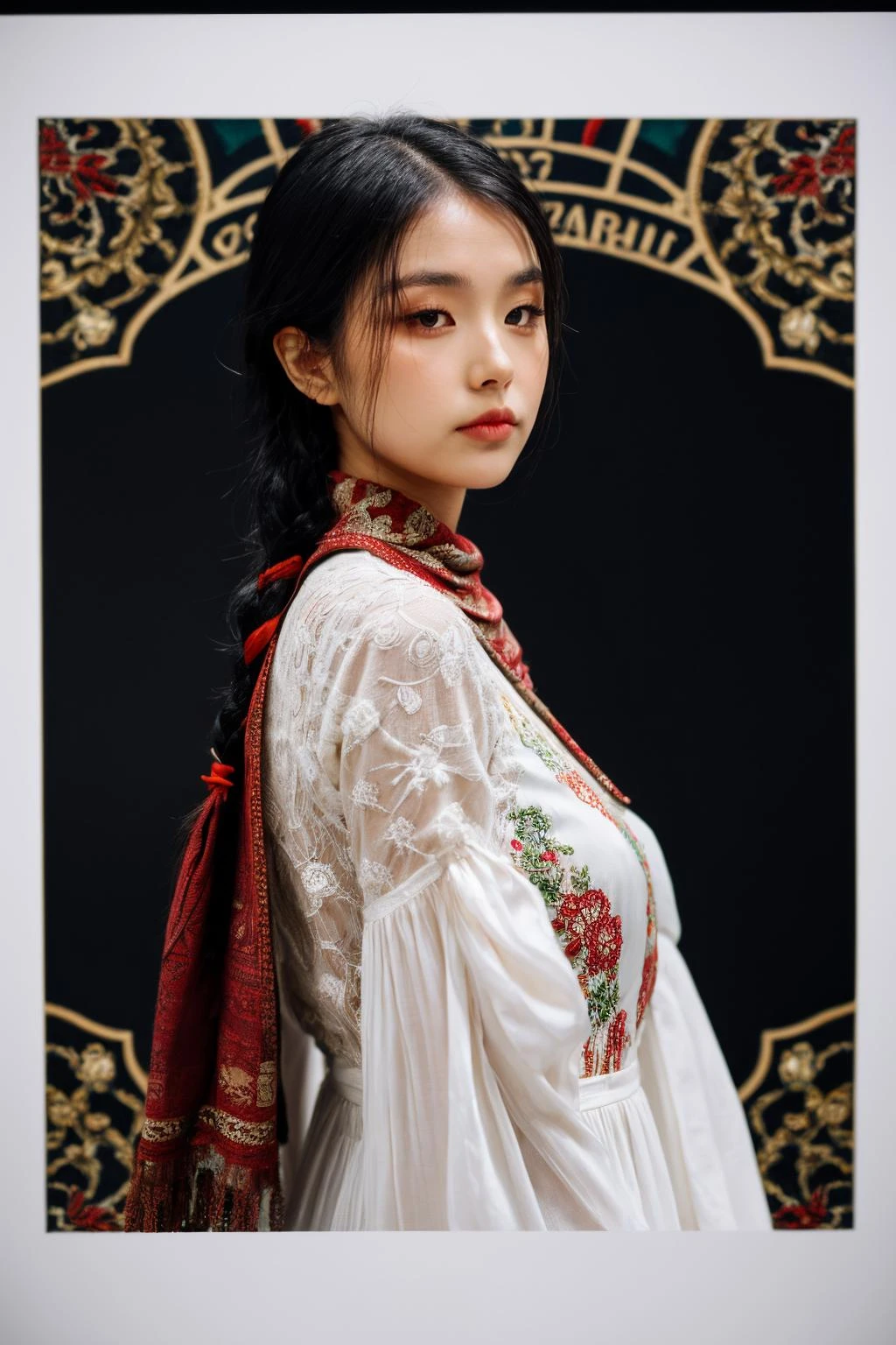 girl02, photographed on a Nikon Z7 II Mirrorless Camera,120mm F/4 wide-angle
girl02, 1girl, solo, long hair, looking at viewer, black hair, long sleeves, braid
a woman wearing a white dress and a black braid with a blue and red pattern on it's neck, Chen Lu, art nouveau fashion embroidered, a character portrait, aestheticism
a woman wearing a black top and red scarf with a red and white design on it's neck, Chen Jiru, art nouveau fashion embroidered, a silk screen, cloisonnism
best quality, masterpiece, ultra detailed, cowboy shot, flowing, 3dmm, ink sketch, color ink, ink rendering, octane render, pastels, rice paper, 1girl, beautiful detailed eyes, (alternate hairstyle), ultra detailed hair, graceful, (charming), (delicate), pretty, cute, lace dress, character in the center of the frame, rhythm, fantasy, looking at viewer,
<lora:more_details:0.3> <lora:add_detail:0.3> <lora:girl02_SDLife_Chiasedamme_v1.0:0.62>