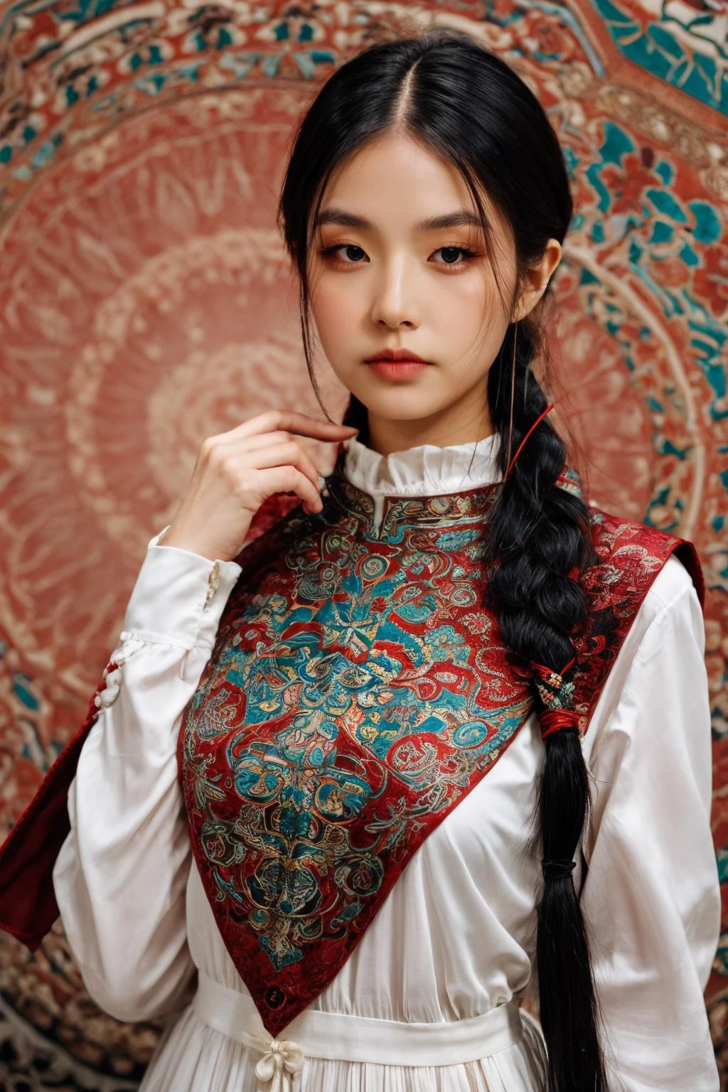 girl02, photographed on a Nikon Z7 II Mirrorless Camera,120mm F/4 wide-angle
girl02, 1girl, solo, long hair, looking at viewer, black hair, long sleeves, braid
a woman wearing a white dress and a black braid with a blue and red pattern on it's neck, Chen Lu, art nouveau fashion embroidered, a character portrait, aestheticism
a woman wearing a black top and red scarf with a red and white design on it's neck, Chen Jiru, art nouveau fashion embroidered, a silk screen, cloisonnism
best quality, masterpiece, ultra detailed, cowboy shot, flowing, 3dmm, ink sketch, color ink, ink rendering, octane render, pastels, rice paper, 1girl, beautiful detailed eyes, (alternate hairstyle), ultra detailed hair, graceful, (charming), (delicate), pretty, cute, lace dress, character in the center of the frame, rhythm, fantasy, looking at viewer,
<lora:more_details:0.3> <lora:add_detail:0.3> <lora:girl02_SDLife_Chiasedamme_v1.0:0.62>
