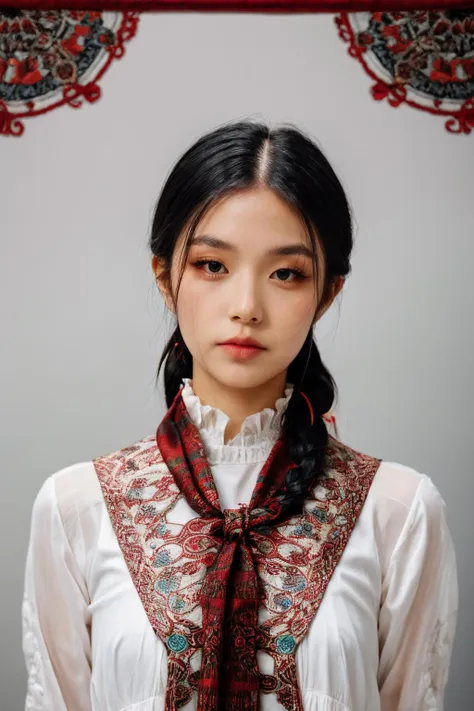 girl02, photographed on a Nikon Z7 II Mirrorless Camera,120mm F/4 wide-angle
girl02, 1girl, solo, long hair, looking at viewer, black hair, long sleeves, braid
a woman wearing a white dress and a black braid with a blue and red pattern on it's neck, Chen Lu, art nouveau fashion embroidered, a character portrait, aestheticism
a woman wearing a black top and red scarf with a red and white design on it's neck, Chen Jiru, art nouveau fashion embroidered, a silk screen, cloisonnism
best quality, masterpiece, ultra detailed, cowboy shot, flowing, 3dmm, ink sketch, color ink, ink rendering, octane render, pastels, rice paper, 1girl, beautiful detailed eyes, (alternate hairstyle), ultra detailed hair, graceful, (charming), (delicate), pretty, cute, lace dress, character in the center of the frame, rhythm, fantasy, looking at viewer,
<lora:more_details:0.3> <lora:add_detail:0.3>  <lora:girl02_SDLife_Chiasedamme_v1.0:0.62>