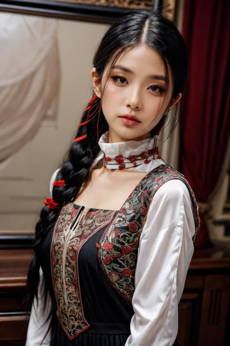 girl02, photographed on a Nikon Z7 II Mirrorless Camera,120mm F/4 wide-angle
girl02, 1girl, solo, long hair, looking at viewer, black hair, long sleeves, braid
a woman wearing a white dress and a black braid with a blue and red pattern on it's neck, Chen Lu, art nouveau fashion embroidered, a character portrait, aestheticism
a woman wearing a black top and red scarf with a red and white design on it's neck, Chen Jiru, art nouveau fashion embroidered, a silk screen, cloisonnism
best quality, masterpiece, ultra detailed, cowboy shot, flowing, 3dmm, ink sketch, color ink, ink rendering, octane render, pastels, rice paper, 1girl, beautiful detailed eyes, (alternate hairstyle), ultra detailed hair, graceful, (charming), (delicate), pretty, cute, lace dress, character in the center of the frame, rhythm, fantasy, looking at viewer,
<lora:more_details:0.3> <lora:add_detail:0.3> <lora:girl02_SDLife_Chiasedamme_v1.0:0.62>