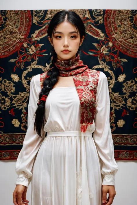 girl02, photographed on a Nikon Z7 II Mirrorless Camera,120mm F/4 wide-angle
girl02, 1girl, solo, long hair, looking at viewer, black hair, long sleeves, braid
a woman wearing a white dress and a black braid with a blue and red pattern on it's neck, Chen Lu, art nouveau fashion embroidered, a character portrait, aestheticism
a woman wearing a black top and red scarf with a red and white design on it's neck, Chen Jiru, art nouveau fashion embroidered, a silk screen, cloisonnism
best quality, masterpiece, ultra detailed, cowboy shot, flowing, 3dmm, ink sketch, color ink, ink rendering, octane render, pastels, rice paper, 1girl, beautiful detailed eyes, (alternate hairstyle), ultra detailed hair, graceful, (charming), (delicate), pretty, cute, lace dress, character in the center of the frame, rhythm, fantasy, looking at viewer,
<lora:more_details:0.3> <lora:add_detail:0.3>  <lora:girl02_SDLife_Chiasedamme_v1.0:0.62>