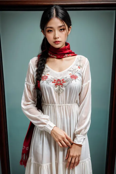 girl02, photographed on a Nikon Z7 II Mirrorless Camera,120mm F/4 wide-angle
girl02, 1girl, solo, long hair, looking at viewer, black hair, long sleeves, braid
a woman wearing a white dress and a black braid with a blue and red pattern on it's neck, Chen Lu, art nouveau fashion embroidered, a character portrait, aestheticism
a woman wearing a black top and red scarf with a red and white design on it's neck, Chen Jiru, art nouveau fashion embroidered, a silk screen, cloisonnism
best quality, masterpiece, ultra detailed, cowboy shot, flowing, 3dmm, ink sketch, color ink, ink rendering, octane render, pastels, rice paper, 1girl, beautiful detailed eyes, (alternate hairstyle), ultra detailed hair, graceful, (charming), (delicate), pretty, cute, lace dress, character in the center of the frame, rhythm, fantasy, looking at viewer,
<lora:more_details:0.3> <lora:add_detail:0.3>  <lora:girl02_SDLife_Chiasedamme_v1.0:0.62>