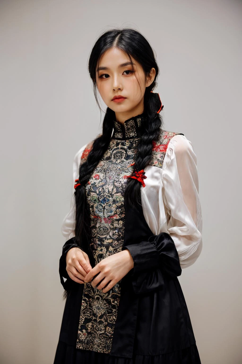 girl02, photographed on a Nikon Z7 II Mirrorless Camera,120mm F/4 wide-angle
girl02, 1girl, solo, long hair, looking at viewer, black hair, long sleeves, braid
a woman wearing a white dress and a black braid with a blue and red pattern on it's neck, Chen Lu, art nouveau fashion embroidered, a character portrait, aestheticism
a woman wearing a black top and red scarf with a red and white design on it's neck, Chen Jiru, art nouveau fashion embroidered, a silk screen, cloisonnism
best quality, masterpiece, ultra detailed, cowboy shot, flowing, 3dmm, ink sketch, color ink, ink rendering, octane render, pastels, rice paper, 1girl, beautiful detailed eyes, (alternate hairstyle), ultra detailed hair, graceful, (charming), (delicate), pretty, cute, lace dress, character in the center of the frame, rhythm, fantasy, looking at viewer,
<lora:more_details:0.3> <lora:add_detail:0.3> <lora:girl02_SDLife_Chiasedamme_v1.0:0.62>