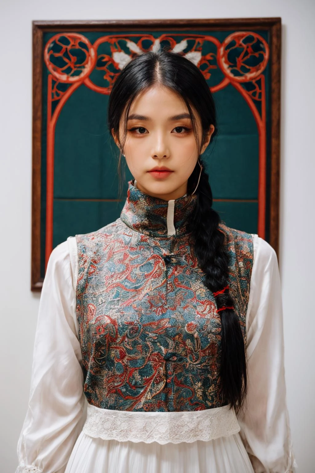 girl02, photographed on a Nikon Z7 II Mirrorless Camera,120mm F/4 wide-angle
girl02, 1girl, solo, long hair, looking at viewer, black hair, long sleeves, braid
a woman wearing a white dress and a black braid with a blue and red pattern on it's neck, Chen Lu, art nouveau fashion embroidered, a character portrait, aestheticism
a woman wearing a black top and red scarf with a red and white design on it's neck, Chen Jiru, art nouveau fashion embroidered, a silk screen, cloisonnism
best quality, masterpiece, ultra detailed, cowboy shot, flowing, 3dmm, ink sketch, color ink, ink rendering, octane render, pastels, rice paper, 1girl, beautiful detailed eyes, (alternate hairstyle), ultra detailed hair, graceful, (charming), (delicate), pretty, cute, lace dress, character in the center of the frame, rhythm, fantasy, looking at viewer,
<lora:more_details:0.3> <lora:add_detail:0.3> <lora:girl02_SDLife_Chiasedamme_v1.0:0.62>