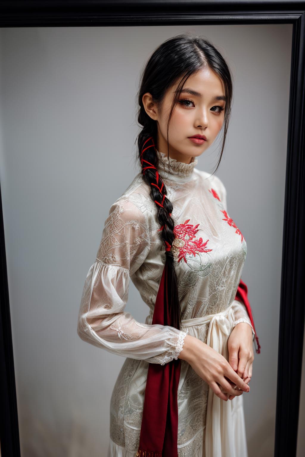 A woman in a white dress with a red tie and a red scarf - SeaArt AI