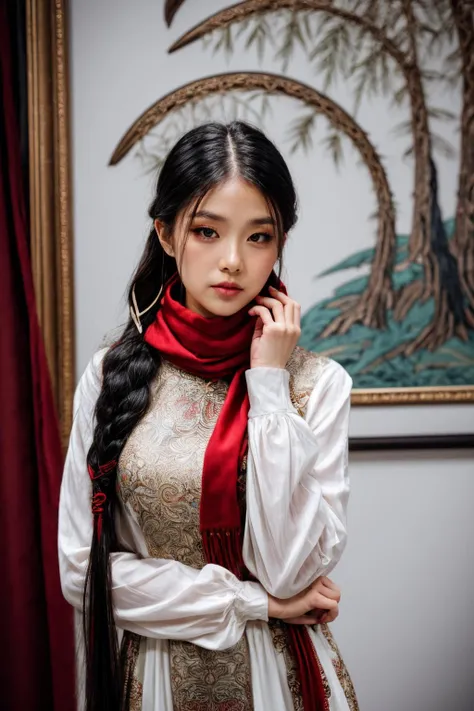 girl02, photographed on a Nikon Z7 II Mirrorless Camera,120mm F/4 wide-angle
girl02, 1girl, solo, long hair, looking at viewer, black hair, long sleeves, braid
a woman wearing a white dress and a black braid with a blue and red pattern on it's neck, Chen Lu, art nouveau fashion embroidered, a character portrait, aestheticism
a woman wearing a black top and red scarf with a red and white design on it's neck, Chen Jiru, art nouveau fashion embroidered, a silk screen, cloisonnism
best quality, masterpiece, ultra detailed, cowboy shot, flowing, 3dmm, ink sketch, color ink, ink rendering, octane render, pastels, rice paper, 1girl, beautiful detailed eyes, (alternate hairstyle), ultra detailed hair, graceful, (charming), (delicate), pretty, cute, lace dress, character in the center of the frame, rhythm, fantasy, looking at viewer,
<lora:more_details:0.3> <lora:add_detail:0.3> <lora:girl02_SDLife_Chiasedamme_v1.0:0.62>