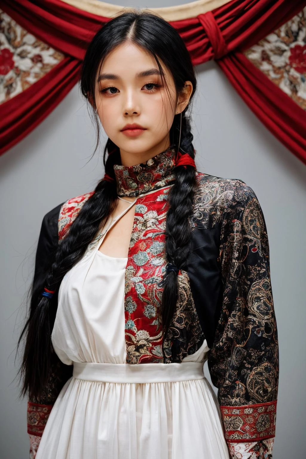 girl02, photographed on a Nikon Z7 II Mirrorless Camera,120mm F/4 wide-angle
girl02, 1girl, solo, long hair, looking at viewer, black hair, long sleeves, braid
a woman wearing a white dress and a black braid with a blue and red pattern on it's neck, Chen Lu, art nouveau fashion embroidered, a character portrait, aestheticism
a woman wearing a black top and red scarf with a red and white design on it's neck, Chen Jiru, art nouveau fashion embroidered, a silk screen, cloisonnism
best quality, masterpiece, ultra detailed, cowboy shot, flowing, 3dmm, ink sketch, color ink, ink rendering, octane render, pastels, rice paper, 1girl, beautiful detailed eyes, (alternate hairstyle), ultra detailed hair, graceful, (charming), (delicate), pretty, cute, lace dress, character in the center of the frame, rhythm, fantasy, looking at viewer,
<lora:more_details:0.3> <lora:add_detail:0.3> <lora:girl02_SDLife_Chiasedamme_v1.0:0.62>