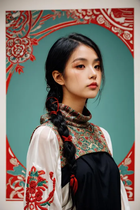 girl02, photographed on a Nikon Z7 II Mirrorless Camera,120mm F/4 wide-angle
girl02, 1girl, solo, long hair, looking at viewer, black hair, long sleeves, braid
a woman wearing a white dress and a black braid with a blue and red pattern on it's neck, Chen Lu, art nouveau fashion embroidered, a character portrait, aestheticism
a woman wearing a black top and red scarf with a red and white design on it's neck, Chen Jiru, art nouveau fashion embroidered, a silk screen, cloisonnism
best quality, masterpiece, ultra detailed, cowboy shot, flowing, 3dmm, ink sketch, color ink, ink rendering, octane render, pastels, rice paper, 1girl, beautiful detailed eyes, (alternate hairstyle), ultra detailed hair, graceful, (charming), (delicate), pretty, cute, lace dress, character in the center of the frame, rhythm, fantasy, looking at viewer,
<lora:more_details:0.3> <lora:add_detail:0.3>  <lora:girl02_SDLife_Chiasedamme_v1.0:0.62>