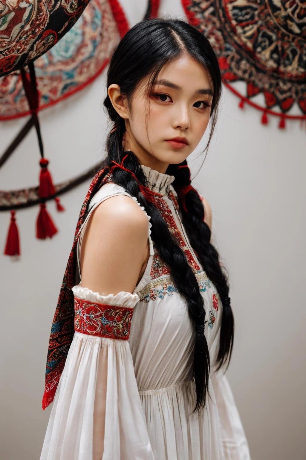 girl02, photographed on a Nikon Z7 II Mirrorless Camera,120mm F/4 wide-angle
girl02, 1girl, solo, long hair, looking at viewer, black hair, long sleeves, braid
a woman wearing a white dress and a black braid with a blue and red pattern on it's neck, Chen Lu, art nouveau fashion embroidered, a character portrait, aestheticism
a woman wearing a black top and red scarf with a red and white design on it's neck, Chen Jiru, art nouveau fashion embroidered, a silk screen, cloisonnism
best quality, masterpiece, ultra detailed, cowboy shot, flowing, 3dmm, ink sketch, color ink, ink rendering, octane render, pastels, rice paper, 1girl, beautiful detailed eyes, (alternate hairstyle), ultra detailed hair, graceful, (charming), (delicate), pretty, cute, lace dress, character in the center of the frame, rhythm, fantasy, looking at viewer,
<lora:more_details:0.3> <lora:add_detail:0.3> <lora:girl02_SDLife_Chiasedamme_v1.0:0.62>