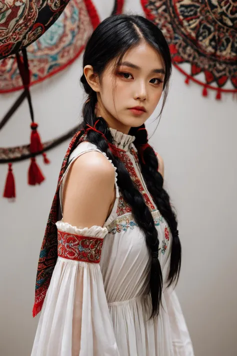 girl02, photographed on a Nikon Z7 II Mirrorless Camera,120mm F/4 wide-angle
girl02, 1girl, solo, long hair, looking at viewer, black hair, long sleeves, braid
a woman wearing a white dress and a black braid with a blue and red pattern on it's neck, Chen Lu, art nouveau fashion embroidered, a character portrait, aestheticism
a woman wearing a black top and red scarf with a red and white design on it's neck, Chen Jiru, art nouveau fashion embroidered, a silk screen, cloisonnism
best quality, masterpiece, ultra detailed, cowboy shot, flowing, 3dmm, ink sketch, color ink, ink rendering, octane render, pastels, rice paper, 1girl, beautiful detailed eyes, (alternate hairstyle), ultra detailed hair, graceful, (charming), (delicate), pretty, cute, lace dress, character in the center of the frame, rhythm, fantasy, looking at viewer,
<lora:more_details:0.3> <lora:add_detail:0.3>  <lora:girl02_SDLife_Chiasedamme_v1.0:0.62>