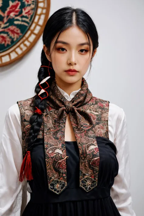 girl02, photographed on a Nikon Z7 II Mirrorless Camera,120mm F/4 wide-angle
girl02, 1girl, solo, long hair, looking at viewer, black hair, long sleeves, braid
a woman wearing a white dress and a black braid with a blue and red pattern on it's neck, Chen Lu, art nouveau fashion embroidered, a character portrait, aestheticism
a woman wearing a black top and red scarf with a red and white design on it's neck, Chen Jiru, art nouveau fashion embroidered, a silk screen, cloisonnism
best quality, masterpiece, ultra detailed, cowboy shot, flowing, 3dmm, ink sketch, color ink, ink rendering, octane render, pastels, rice paper, 1girl, beautiful detailed eyes, (alternate hairstyle), ultra detailed hair, graceful, (charming), (delicate), pretty, cute, lace dress, character in the center of the frame, rhythm, fantasy, looking at viewer,
<lora:more_details:0.3> <lora:add_detail:0.3> <lora:girl02_SDLife_Chiasedamme_v1.0:0.62>