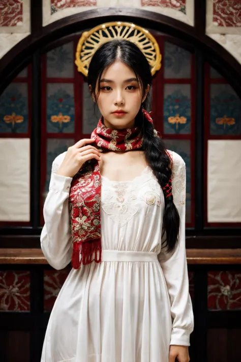 girl02, photographed on a Nikon Z7 II Mirrorless Camera,120mm F/4 wide-angle
girl02, 1girl, solo, long hair, looking at viewer, black hair, long sleeves, braid
a woman wearing a white dress and a black braid with a blue and red pattern on it's neck, Chen Lu, art nouveau fashion embroidered, a character portrait, aestheticism
a woman wearing a black top and red scarf with a red and white design on it's neck, Chen Jiru, art nouveau fashion embroidered, a silk screen, cloisonnism
best quality, masterpiece, ultra detailed, cowboy shot, flowing, 3dmm, ink sketch, color ink, ink rendering, octane render, pastels, rice paper, 1girl, beautiful detailed eyes, (alternate hairstyle), ultra detailed hair, graceful, (charming), (delicate), pretty, cute, lace dress, character in the center of the frame, rhythm, fantasy, looking at viewer,
<lora:more_details:0.3> <lora:add_detail:0.3>  <lora:girl02_SDLife_Chiasedamme_v1.0:0.62>