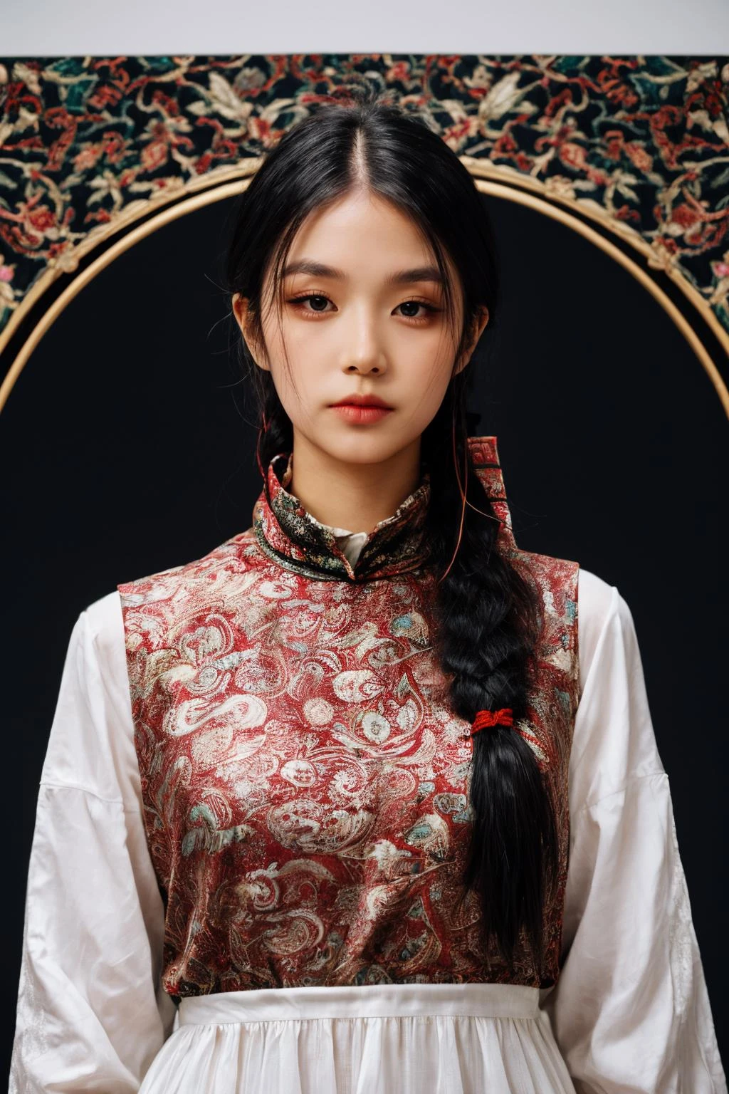 girl02, photographed on a Nikon Z7 II Mirrorless Camera,120mm F/4 wide-angle
girl02, 1girl, solo, long hair, looking at viewer, black hair, long sleeves, braid
a woman wearing a white dress and a black braid with a blue and red pattern on it's neck, Chen Lu, art nouveau fashion embroidered, a character portrait, aestheticism
a woman wearing a black top and red scarf with a red and white design on it's neck, Chen Jiru, art nouveau fashion embroidered, a silk screen, cloisonnism
best quality, masterpiece, ultra detailed, cowboy shot, flowing, 3dmm, ink sketch, color ink, ink rendering, octane render, pastels, rice paper, 1girl, beautiful detailed eyes, (alternate hairstyle), ultra detailed hair, graceful, (charming), (delicate), pretty, cute, lace dress, character in the center of the frame, rhythm, fantasy, looking at viewer,
<lora:more_details:0.3> <lora:add_detail:0.3> <lora:girl02_SDLife_Chiasedamme_v1.0:0.62>