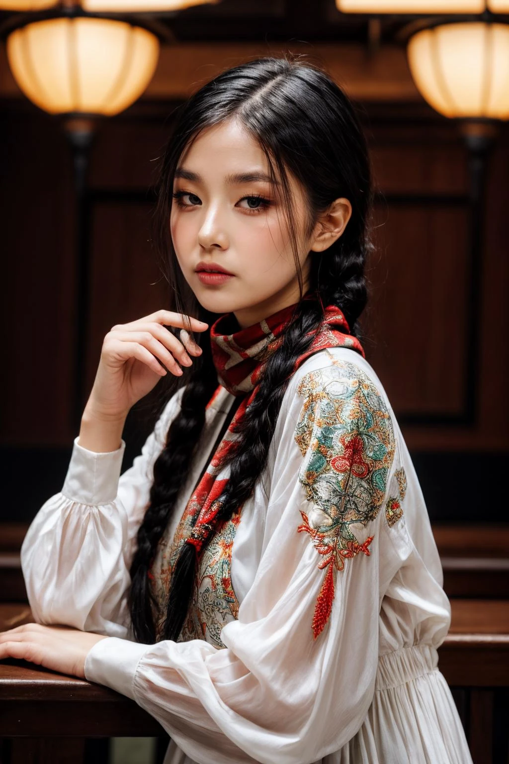 girl02, photographed on a Nikon Z7 II Mirrorless Camera,120mm F/4 wide-angle
girl02, 1girl, solo, long hair, looking at viewer, black hair, long sleeves, braid
a woman wearing a white dress and a black braid with a blue and red pattern on it's neck, Chen Lu, art nouveau fashion embroidered, a character portrait, aestheticism
a woman wearing a black top and red scarf with a red and white design on it's neck, Chen Jiru, art nouveau fashion embroidered, a silk screen, cloisonnism
best quality, masterpiece, ultra detailed, cowboy shot, flowing, 3dmm, ink sketch, color ink, ink rendering, octane render, pastels, rice paper, 1girl, beautiful detailed eyes, (alternate hairstyle), ultra detailed hair, graceful, (charming), (delicate), pretty, cute, lace dress, character in the center of the frame, rhythm, fantasy, looking at viewer,
<lora:more_details:0.3> <lora:add_detail:0.3> <lora:girl02_SDLife_Chiasedamme_v1.0:0.62>