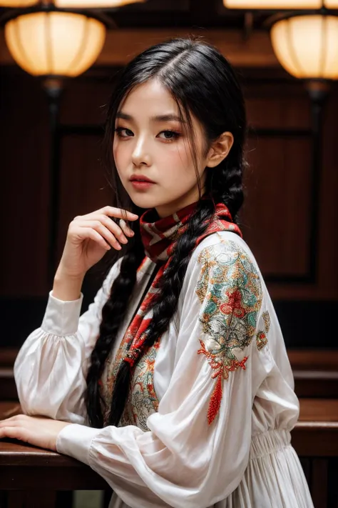 girl02, photographed on a Nikon Z7 II Mirrorless Camera,120mm F/4 wide-angle
girl02, 1girl, solo, long hair, looking at viewer, black hair, long sleeves, braid
a woman wearing a white dress and a black braid with a blue and red pattern on it's neck, Chen Lu, art nouveau fashion embroidered, a character portrait, aestheticism
a woman wearing a black top and red scarf with a red and white design on it's neck, Chen Jiru, art nouveau fashion embroidered, a silk screen, cloisonnism
best quality, masterpiece, ultra detailed, cowboy shot, flowing, 3dmm, ink sketch, color ink, ink rendering, octane render, pastels, rice paper, 1girl, beautiful detailed eyes, (alternate hairstyle), ultra detailed hair, graceful, (charming), (delicate), pretty, cute, lace dress, character in the center of the frame, rhythm, fantasy, looking at viewer,
<lora:more_details:0.3> <lora:add_detail:0.3>  <lora:girl02_SDLife_Chiasedamme_v1.0:0.62>