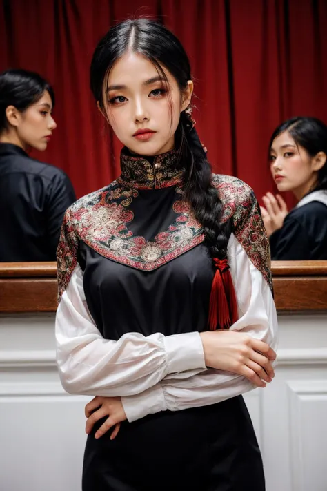 girl02, photographed on a Nikon Z7 II Mirrorless Camera,120mm F/4 wide-angle
girl02, 1girl, solo, long hair, looking at viewer, black hair, long sleeves, braid
a woman wearing a white dress and a black braid with a blue and red pattern on it's neck, Chen Lu, art nouveau fashion embroidered, a character portrait, aestheticism
a woman wearing a black top and red scarf with a red and white design on it's neck, Chen Jiru, art nouveau fashion embroidered, a silk screen, cloisonnism
best quality, masterpiece, ultra detailed, cowboy shot, flowing, 3dmm, ink sketch, color ink, ink rendering, octane render, pastels, rice paper, 1girl, beautiful detailed eyes, (alternate hairstyle), ultra detailed hair, graceful, (charming), (delicate), pretty, cute, lace dress, character in the center of the frame, rhythm, fantasy, looking at viewer,
<lora:more_details:0.3> <lora:add_detail:0.3>  <lora:girl02_SDLife_Chiasedamme_v1.0:0.62>