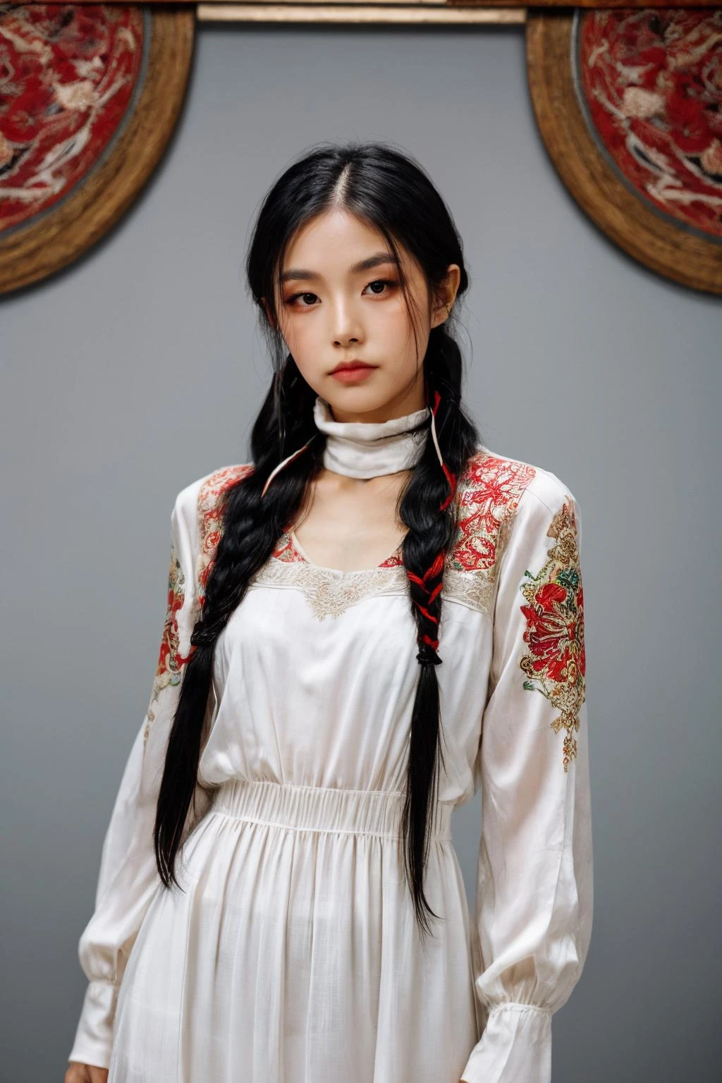 girl02, photographed on a Nikon Z7 II Mirrorless Camera,120mm F/4 wide-angle
girl02, 1girl, solo, long hair, looking at viewer, black hair, long sleeves, braid
a woman wearing a white dress and a black braid with a blue and red pattern on it's neck, Chen Lu, art nouveau fashion embroidered, a character portrait, aestheticism
a woman wearing a black top and red scarf with a red and white design on it's neck, Chen Jiru, art nouveau fashion embroidered, a silk screen, cloisonnism
best quality, masterpiece, ultra detailed, cowboy shot, flowing, 3dmm, ink sketch, color ink, ink rendering, octane render, pastels, rice paper, 1girl, beautiful detailed eyes, (alternate hairstyle), ultra detailed hair, graceful, (charming), (delicate), pretty, cute, lace dress, character in the center of the frame, rhythm, fantasy, looking at viewer,
<lora:more_details:0.3> <lora:add_detail:0.3> <lora:girl02_SDLife_Chiasedamme_v1.0:0.62>