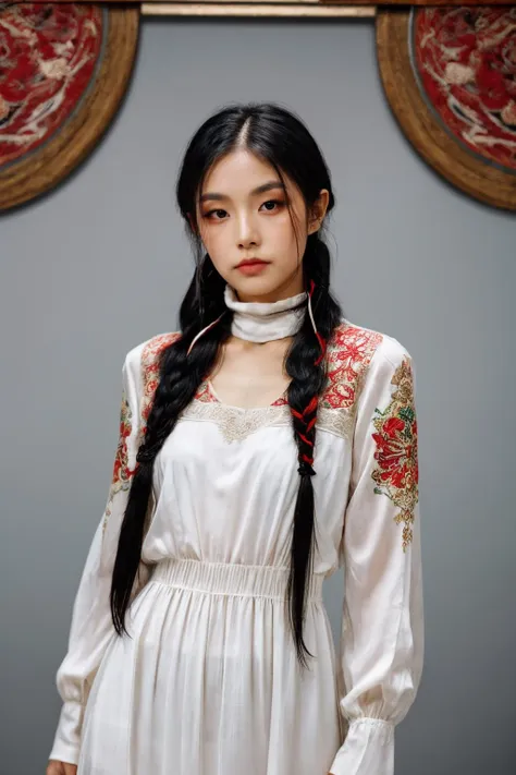 girl02, photographed on a Nikon Z7 II Mirrorless Camera,120mm F/4 wide-angle
girl02, 1girl, solo, long hair, looking at viewer, black hair, long sleeves, braid
a woman wearing a white dress and a black braid with a blue and red pattern on it's neck, Chen Lu, art nouveau fashion embroidered, a character portrait, aestheticism
a woman wearing a black top and red scarf with a red and white design on it's neck, Chen Jiru, art nouveau fashion embroidered, a silk screen, cloisonnism
best quality, masterpiece, ultra detailed, cowboy shot, flowing, 3dmm, ink sketch, color ink, ink rendering, octane render, pastels, rice paper, 1girl, beautiful detailed eyes, (alternate hairstyle), ultra detailed hair, graceful, (charming), (delicate), pretty, cute, lace dress, character in the center of the frame, rhythm, fantasy, looking at viewer,
<lora:more_details:0.3> <lora:add_detail:0.3>  <lora:girl02_SDLife_Chiasedamme_v1.0:0.62>