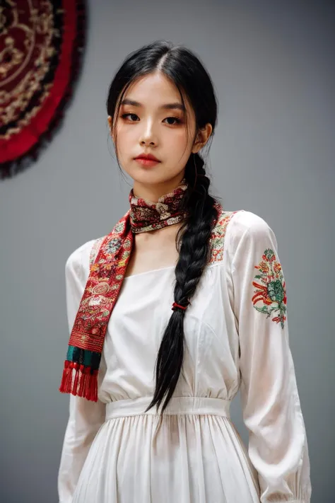 girl02, photographed on a Nikon Z7 II Mirrorless Camera,120mm F/4 wide-angle
girl02, 1girl, solo, long hair, looking at viewer, black hair, long sleeves, braid
a woman wearing a white dress and a black braid with a blue and red pattern on it's neck, Chen Lu, art nouveau fashion embroidered, a character portrait, aestheticism
a woman wearing a black top and red scarf with a red and white design on it's neck, Chen Jiru, art nouveau fashion embroidered, a silk screen, cloisonnism
best quality, masterpiece, ultra detailed, cowboy shot, flowing, 3dmm, ink sketch, color ink, ink rendering, octane render, pastels, rice paper, 1girl, beautiful detailed eyes, (alternate hairstyle), ultra detailed hair, graceful, (charming), (delicate), pretty, cute, lace dress, character in the center of the frame, rhythm, fantasy, looking at viewer,
<lora:more_details:0.3> <lora:add_detail:0.3>  <lora:girl02_SDLife_Chiasedamme_v1.0:0.62>