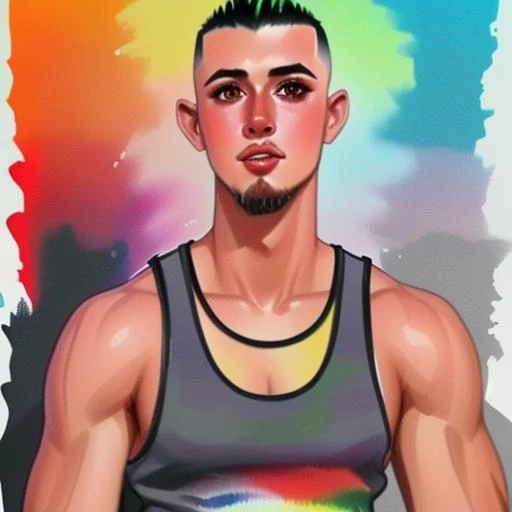 watercolor, drawing, brown eyes, short hair, black hair, Grey tank top, muscular, colorful background, facial hair, colorful grey tank top,
