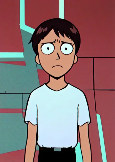 Shinji Ikari, 1boy,solo, dots for eyes, dark hair, white shirt, black pants, masterpiece, best quality, flat color, upper body, sad expression <lora:rickandmortystyleepoch13:0.8>, <lora:evangelion_anime_style_offset:1>