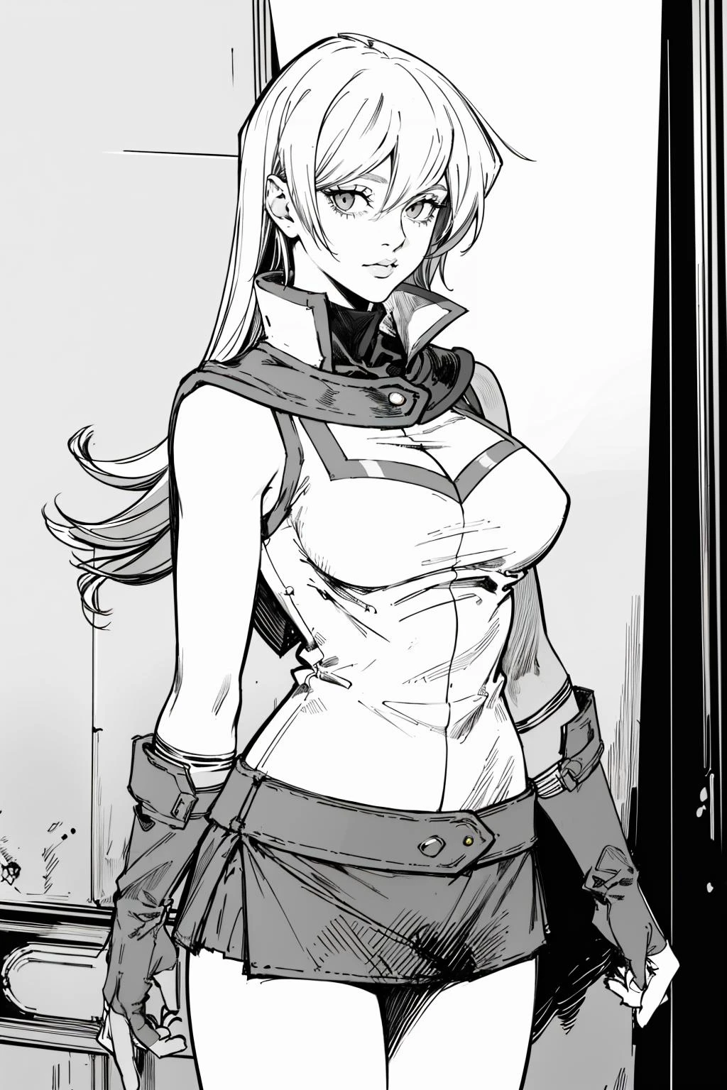 ((masterpiece)), (best quality), official art, extremely detailed CG, unity 8k wallpaper, ultra detailed,
1girl, ta1, large breasts, white jacket, sleeveless, blue skirt, fingerless gloves, <lora:tenjouin_asuka_v1:0.7>,
(monochrome:1.2), sketch, (greyscale:1.2),
<lora:1658606601595300147:0.8>