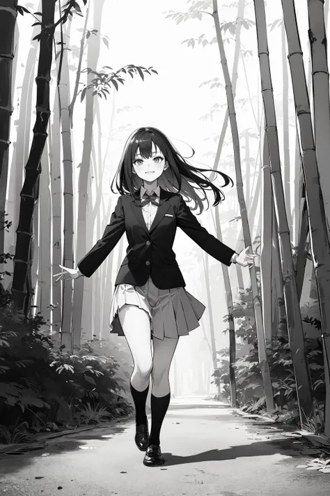 ((masterpiece)), (best quality), official art, extremely detailed CG, unity 8k wallpaper, ultra detailed,
1girl, shibuya rin, cowboy shot, school uniform, blazer, full body, black socks, smile, happy,
Balancing on one foot with arms extended, Wander through the stunning Arashiyama Bamboo Grove in Kyoto, where towering bamboo stalks create a natural tunnel, immersing you in a serene and otherworldly atmosphere,
monochrome, sketch, greyscale,
<lora:1658606601595300147:0.7>