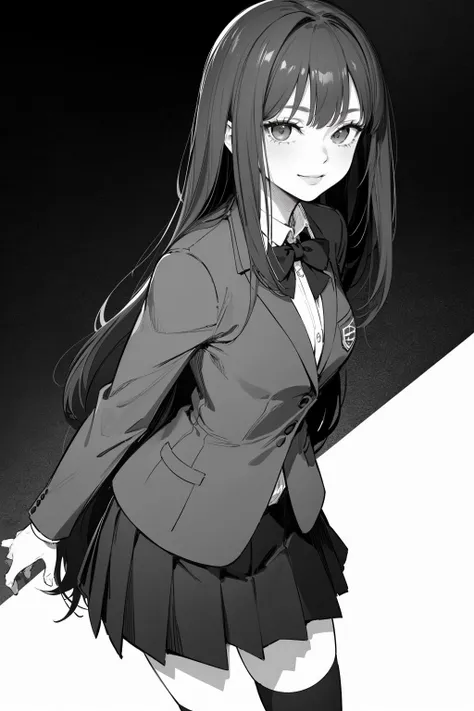 a woman in formal clothing, black and white, monochromatic