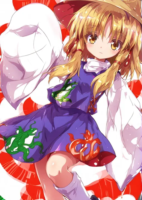 anime girl in a purple dress and hat with a red and white background