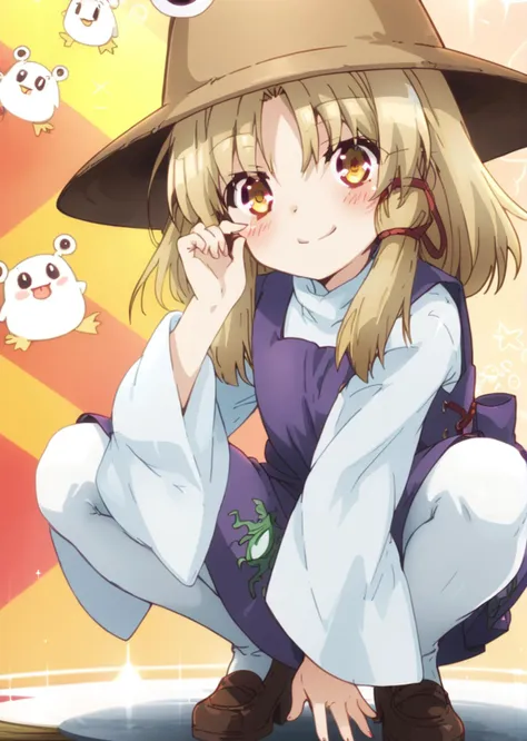 anime girl with a hat and a purple outfit crouching down