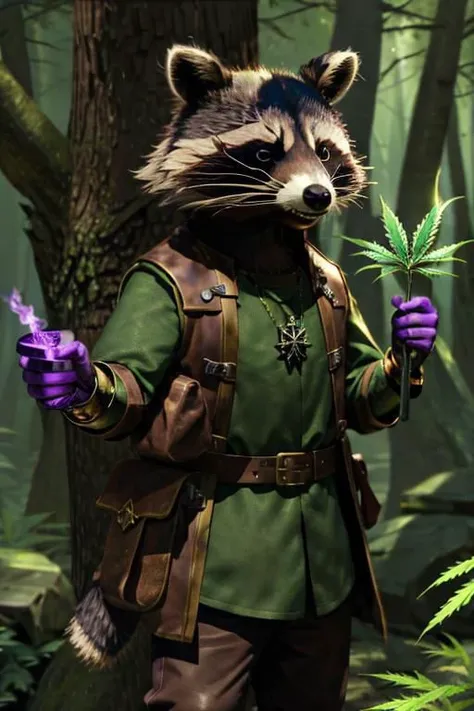 leather adventure outfit, raccoon wizard, forest background, medieval style, holding purple enchanted cannabis:1.5, inspecting magic cannabis flower:1.5, holding purple glowing drugs, brown and green clothes:1.5, green shirt:1.5, 4k