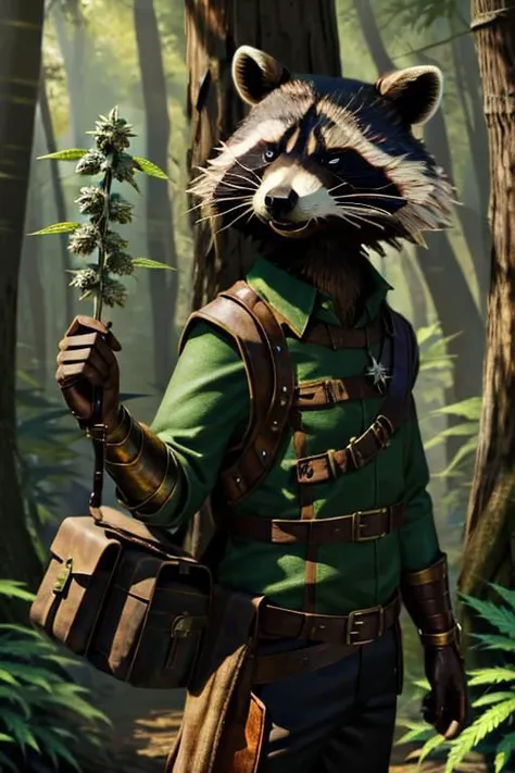 leather adventure outfit, short raccoon wizard:1.5, forest background, medieval style, holding purple enchanted cannabis:1.5, inspecting magic cannabis flower:1.5, holding purple drugs:1.5, brown and green clothes:1.5, green shirt:1.5, 4k, green or brown gloves:1.5