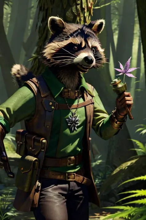 leather adventure outfit, raccoon wizard, forest background, medieval style, holding purple enchanted cannabis:1.5, inspecting magic cannabis flower:1.5, holding purple drugs, brown and green clothes:1.5, green shirt:1.5, 4k, green or brown gloves:1.5