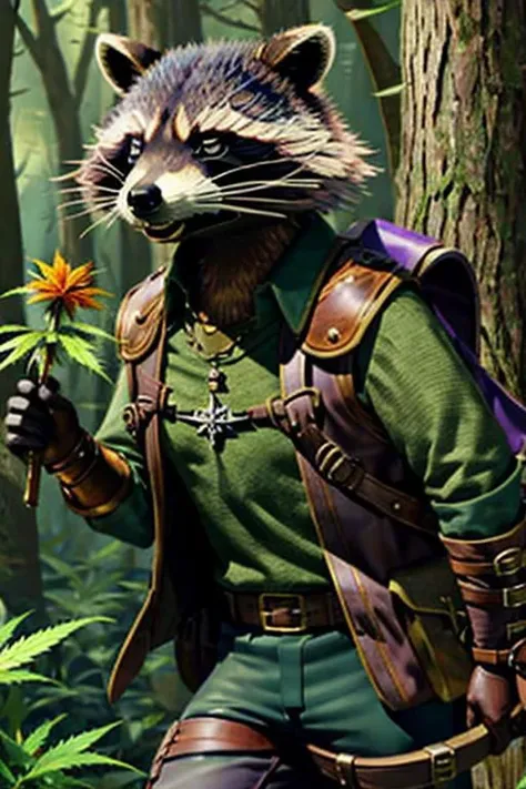 leather adventure outfit, raccoon, forest background, medieval style, holding purple enchanted:1.5, inspecting magic purple cannabis flower:1.5, brown and green clothes:1.5, green shirt