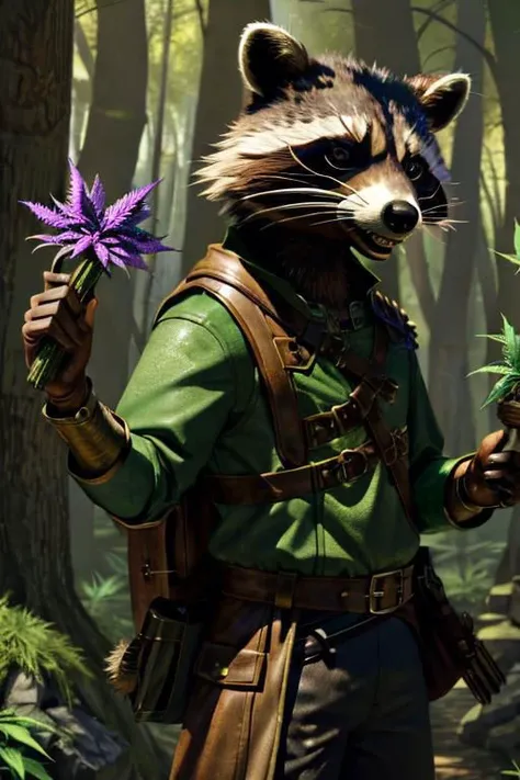 leather adventure outfit, raccoon wizard, forest background, medieval style, holding purple enchanted cannabis:1.5, inspecting magic cannabis flower:1.5, holding purple drugs, brown and green clothes:1.5, green shirt:1.5, 4k, green or brown gloves:1.5