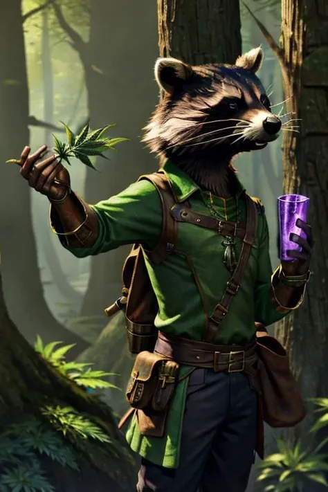 leather adventure outfit, raccoon wizard, forest background, medieval style, holding purple enchanted cannabis:1.5, inspecting magic cannabis flower:1.5, holding purple glowing drugs, brown and green clothes:1.5, green shirt:1.5, 4k